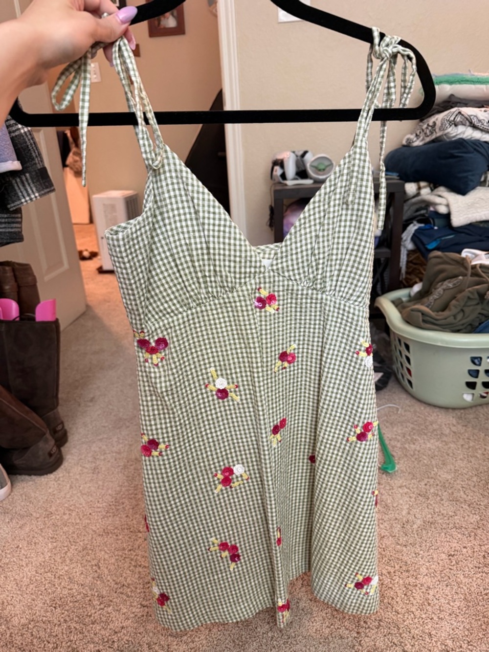 LPA Women’s Green Gingham floral embroidered mini dress